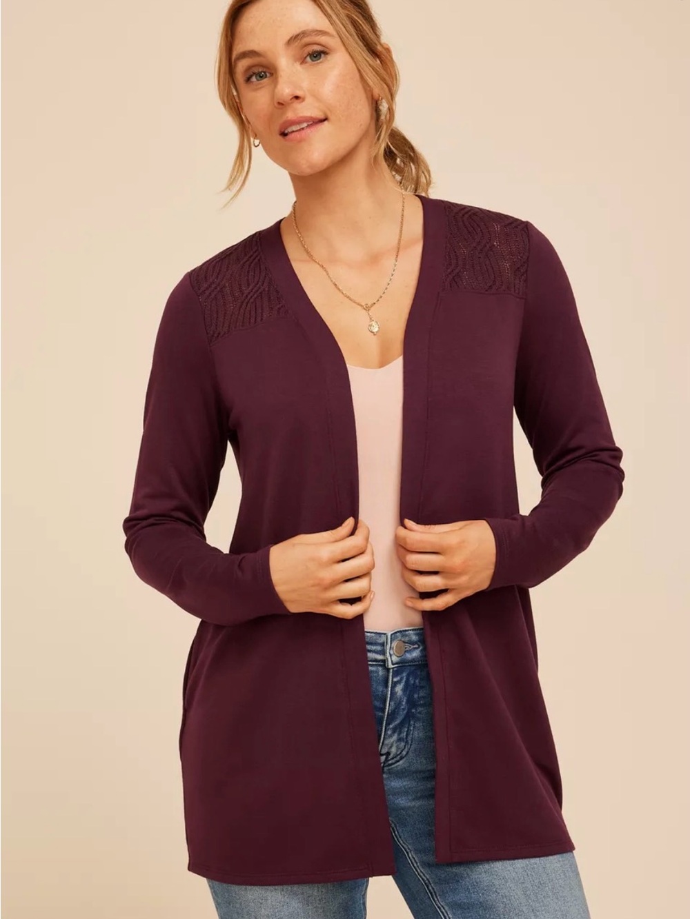 Women’s Maurice’s Purple Lace Open Front Cozy Cardigan Size XL
